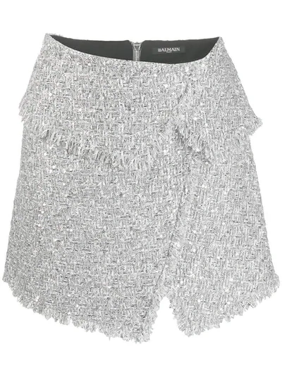Shop Balmain Asymmetric Tweed Mini Skirt In Silver