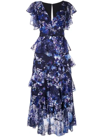 Shop Marchesa Notte Ruffled Floral Print Dress In Blue