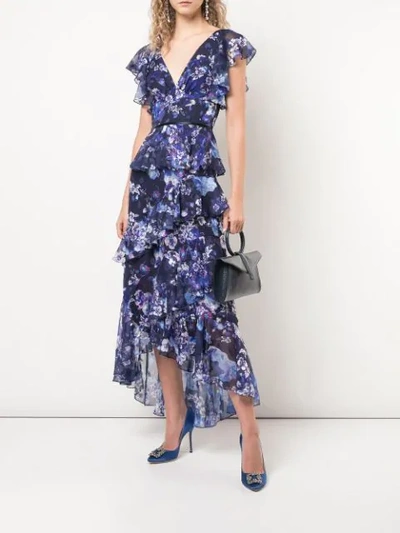 Shop Marchesa Notte Ruffled Floral Print Dress In Blue