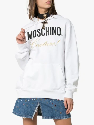 Shop Moschino Couture Logo Cotton Hoodie In White