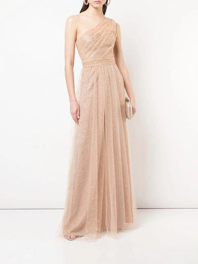 Shop Marchesa Notte Long One-shoulder Dress In Gold