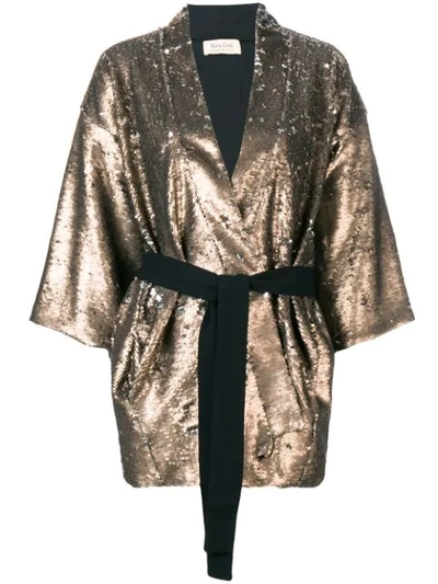 Shop Black Coral Sequin Embellished Belted Jacket In Neutrals