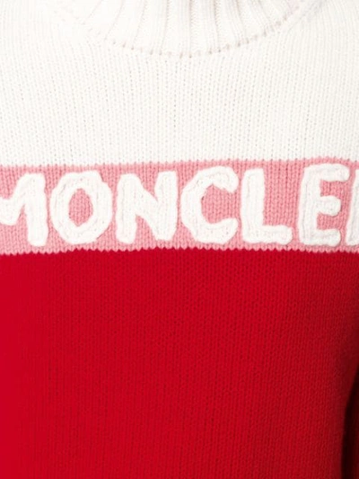 Shop Moncler Logo Intarsia Roll Neck Jumper In Red