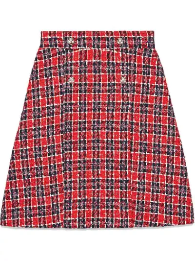 Shop Gucci Tweed Check A-line Skirt In Red