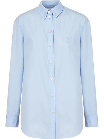 Shop Burberry Button-down Collar Monogram Motif Cotton Shirt In Pale Blue