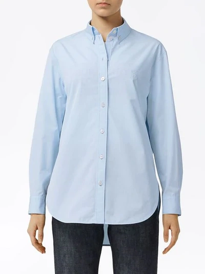 Shop Burberry Button-down Collar Monogram Motif Cotton Shirt In Pale Blue