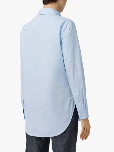 Shop Burberry Button-down Collar Monogram Motif Cotton Shirt In Pale Blue
