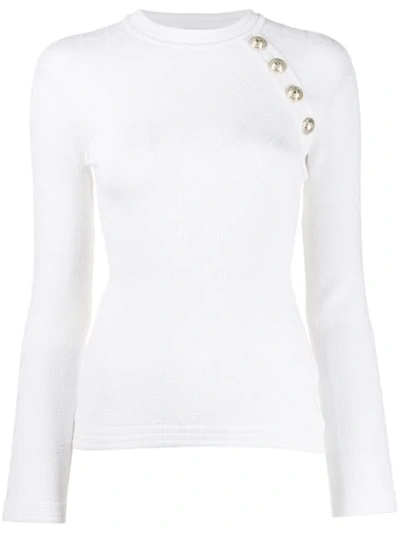 Shop Balmain Button-embellished Knitted Top In White