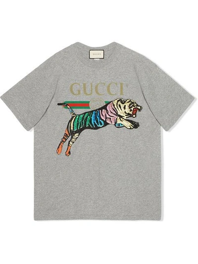 Opfylde budbringer kravle Gucci Oversize Cotton T-shirt With Tiger In Grey | ModeSens