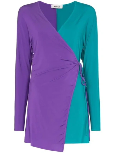 Shop Attico Two-tone Jersey Wrap Dress In Green ,purple