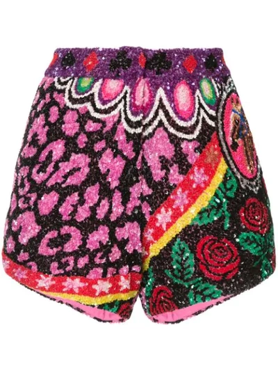 Shop Manish Arora Leopard Roses Sequin Shorts In Multicolour