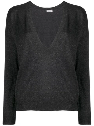 Shop Brunello Cucinelli Lamé V-neck Sweater In Black