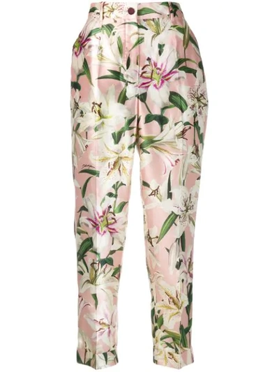 Shop Dolce & Gabbana Lily Print Shantung Trousers In Pink ,green