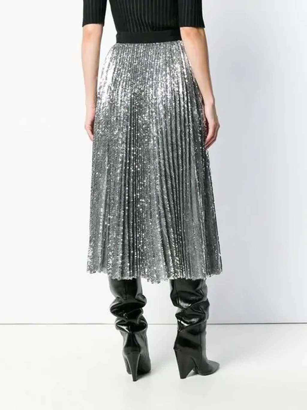 Msgm Sequins Pleated Midi Skirt With Printed Insert In Argento ModeSens