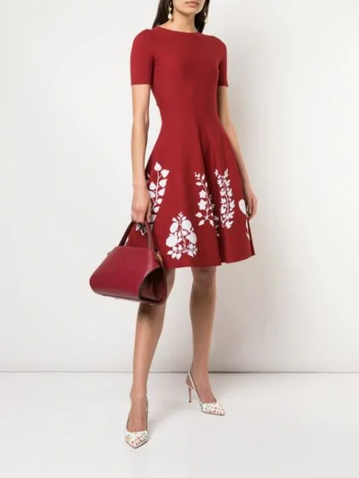 Shop Oscar De La Renta Flared Floral Knit Dress In Cranberry/white