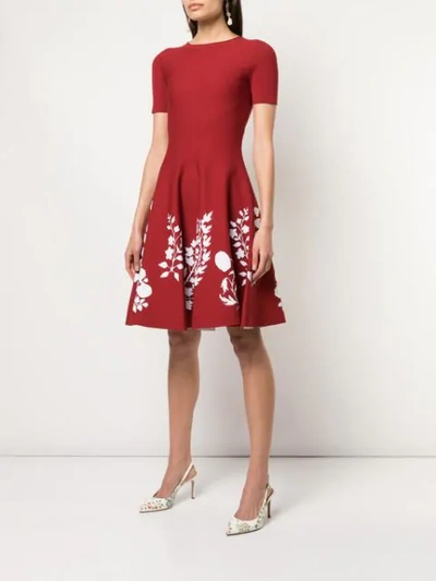 Shop Oscar De La Renta Flared Floral Knit Dress In Cranberry/white