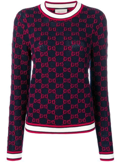 Shop Gucci Gg Jacquard Logo Sweater In 4206 Blue/multi
