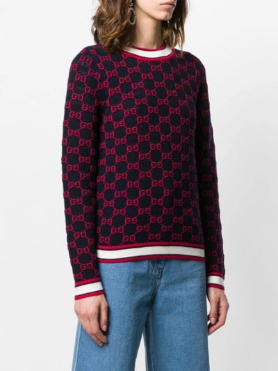 Shop Gucci Gg Jacquard Logo Sweater In 4206 Blue/multi