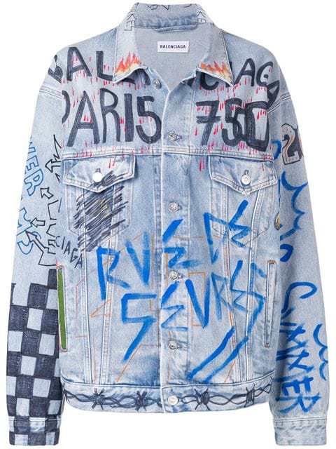 Balenciaga Handwritten Oversized Graffiti Denim Jacket In Blue | ModeSens