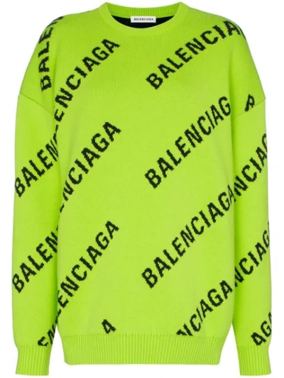 Shop Balenciaga Allover Logo Crew-neck Jumper In Green