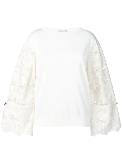 Shop Moncler Embroidered Floral Sleeves Jumper In Neutrals