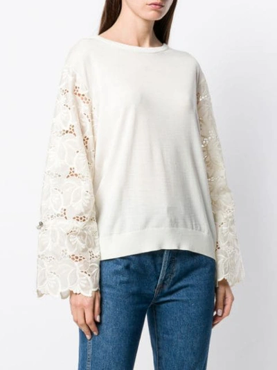 Shop Moncler Embroidered Floral Sleeves Jumper In Neutrals
