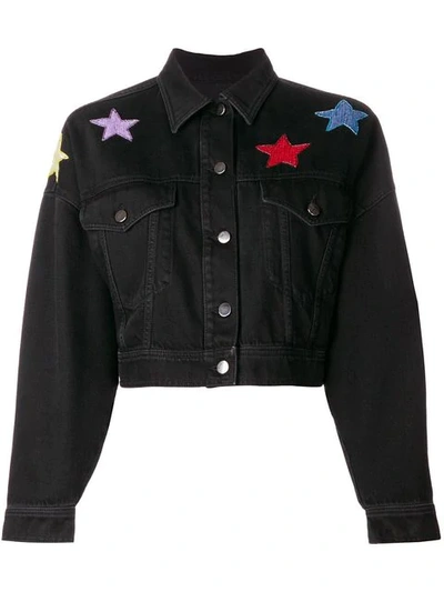 Shop Valentino Star Embroidered Denim Jacket In Black