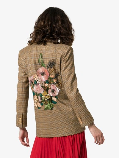 GUCCI DOUBLE-BREASTED CHECK PRINT FLORAL EMBROIDERED BLAZER JACKET - 棕色