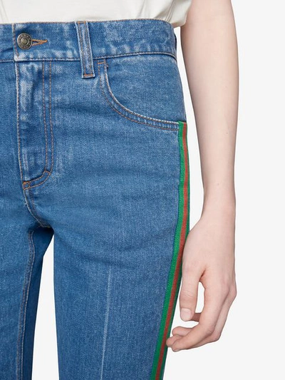 Shop Gucci Stretch Denim Flare Pant In Blue