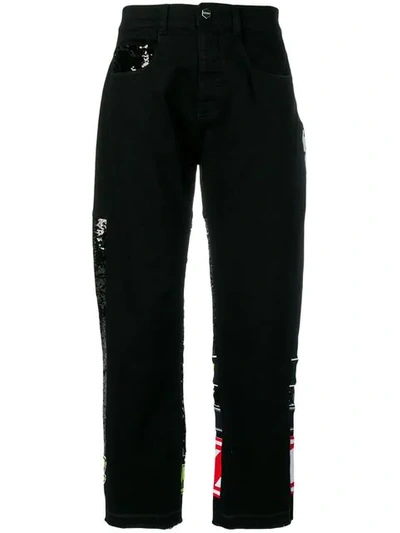 Shop Iceberg Patchwork Logo Cropped Jeans In Black