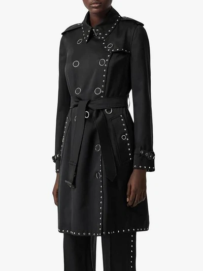 Shop Burberry Stud Detail Silk Satin Trench Coat In Black