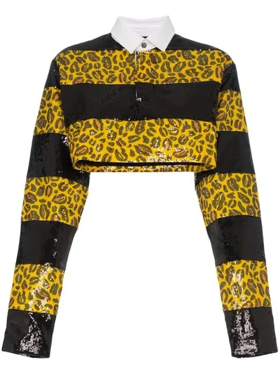 Shop Charm's Sequin Embellished Leopard Print Cropped Shirt In Yellow