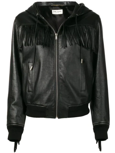 Shop Saint Laurent Fringed Hooded Jacket In Black