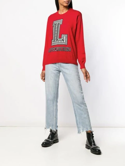 Shop Love Moschino Logo Intarsia Jumper In Red