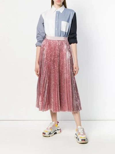 Shop Msgm Pleated Sequin Midi Skirt In Pink