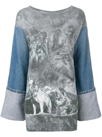 Shop Night Market Denim Sleeve Wolf Top - Blue