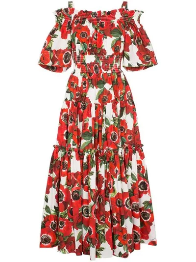 Shop Dolce & Gabbana Floral-print Off-shoulder Cotton Dress In Haaa5 Anemoni Fdo Panna