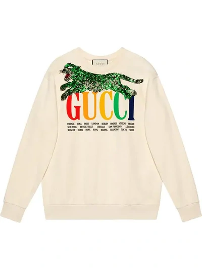 Shop Gucci Cities Sweatshirt With Sequin Panther In White