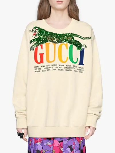 Shop Gucci Cities Sweatshirt With Sequin Panther In White