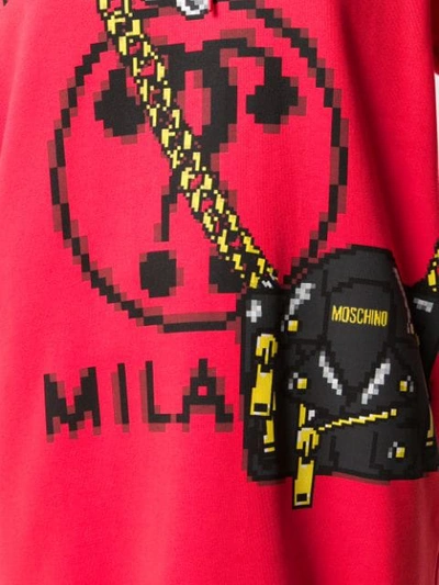 Shop Moschino Printed Logo Longline Hoodie In Red