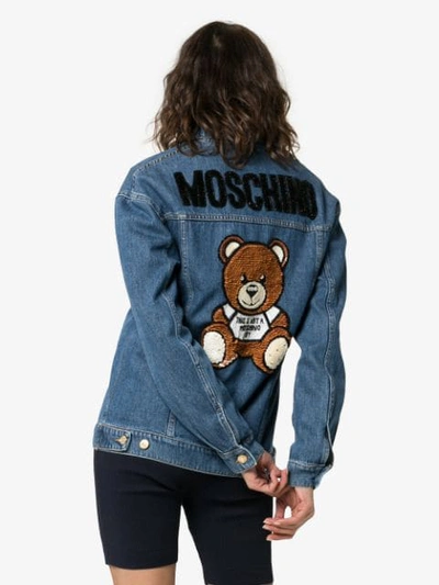 Shop Moschino Sequin Embellished Teddy Bear Denim Jacket In Blue