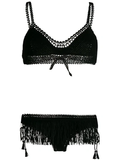 Shop Alanui Fringe Crochet Bikini In Black