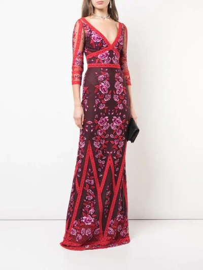 Shop Marchesa Notte Fitted Floral Embroidered Mesh Gown In Red