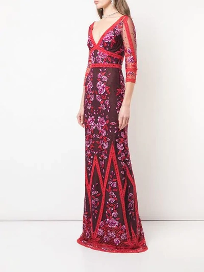 Shop Marchesa Notte Fitted Floral Embroidered Mesh Gown In Red