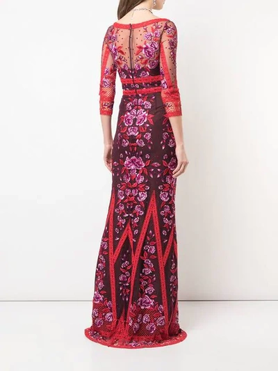 Shop Marchesa Notte Fitted Floral Embroidered Mesh Gown In Red