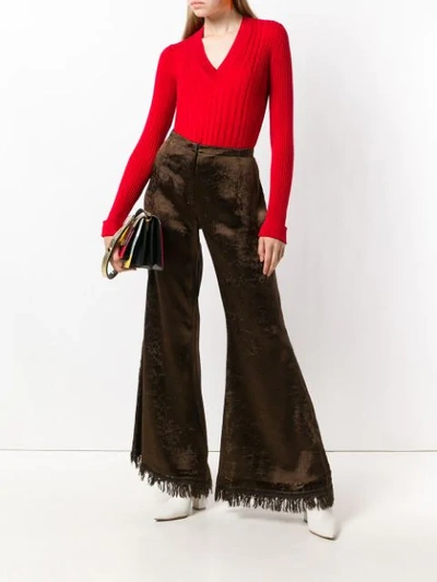 Shop Marni Frayed Flared Trousers In Brown