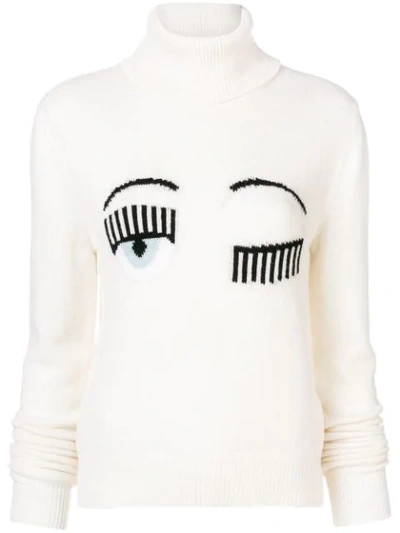 Shop Chiara Ferragni Blinking Eye Roll Neck Sweater In Panna/cream