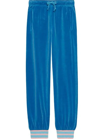 Shop Gucci Tapered Velvet Track Pants - Blue