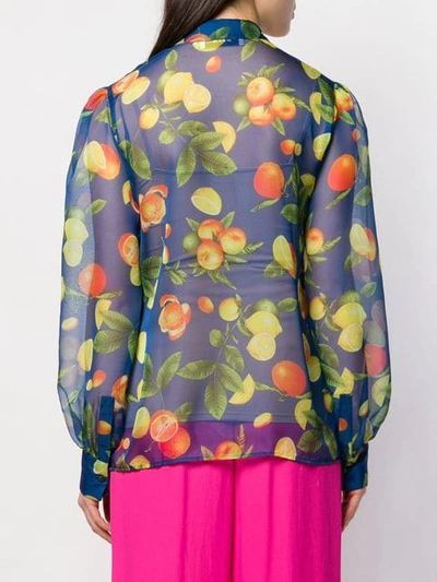 Shop Msgm Fruit Print Sheer Blouse In Blue