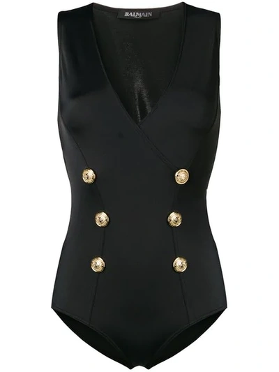 Shop Balmain Embossed Button Swimsuit In Black